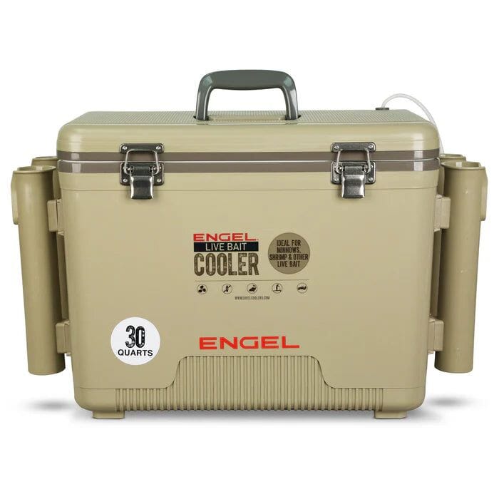 Engel 30Qt Live bait Pro Cooler with AP4 Rechargeable Aerator, Rod Holders &-Hammonds Fishing